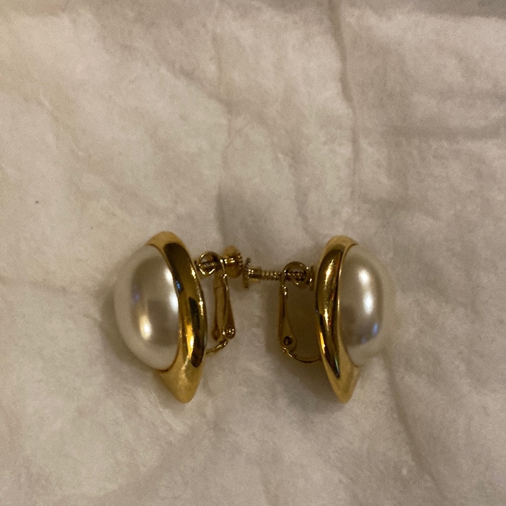 Vintage Gold Tone Faux Pearl Signed Napier Clip Earrings